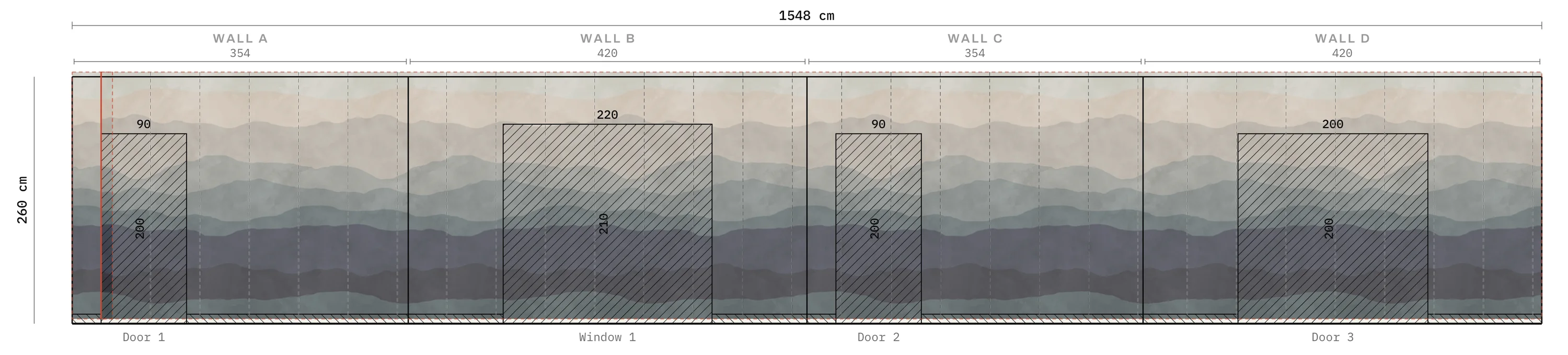 Hallway elevation to scale: four walls, 1548 × 260 cm, three doors and a window hatched out, a layered-hills mural laid over the walls, thirty dashed panel lines and a red start line on wall A