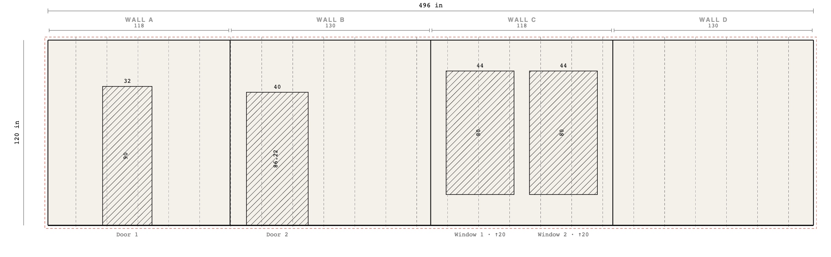Wallsizer project: mural laid out on real walls with panels, openings and dimensions